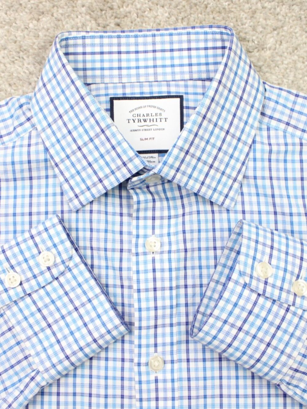 Charles Tyrwhitt Shirt Mens 15 1/2, 34 Blue/White Check Slim Fit 100% Cotton L/S